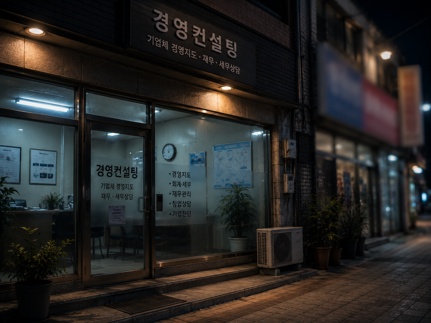 A small business office storefront at night