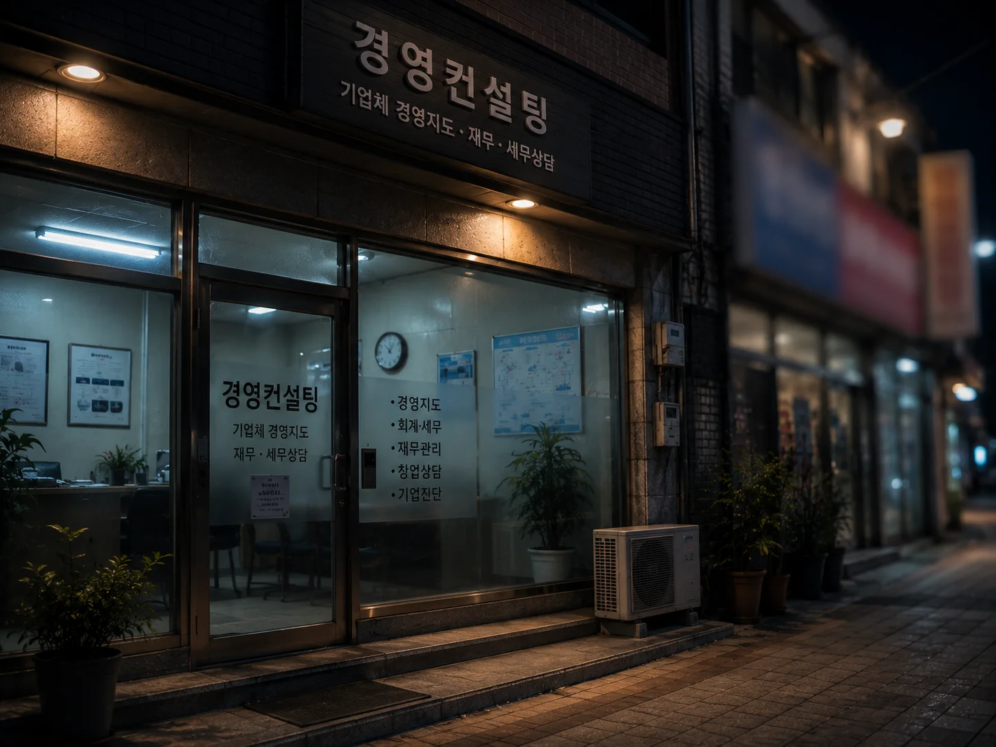 A small business office storefront at night