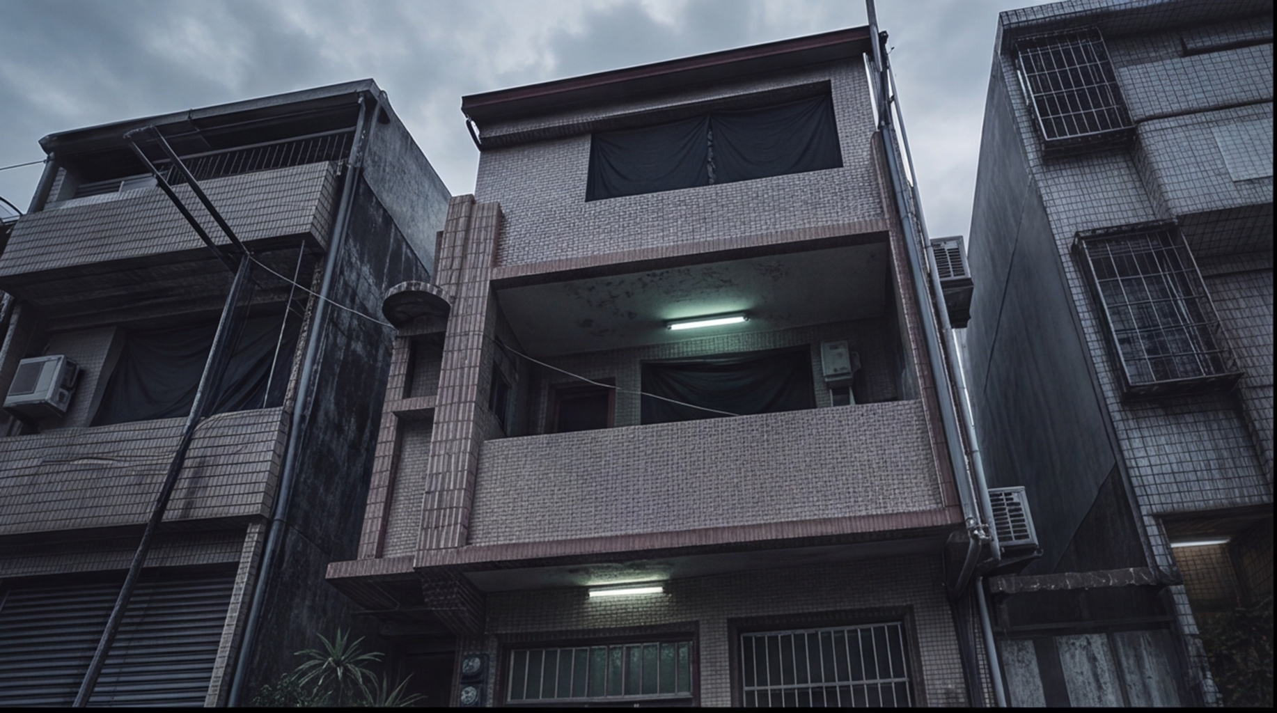 Windows covered with black cloth on a residential building