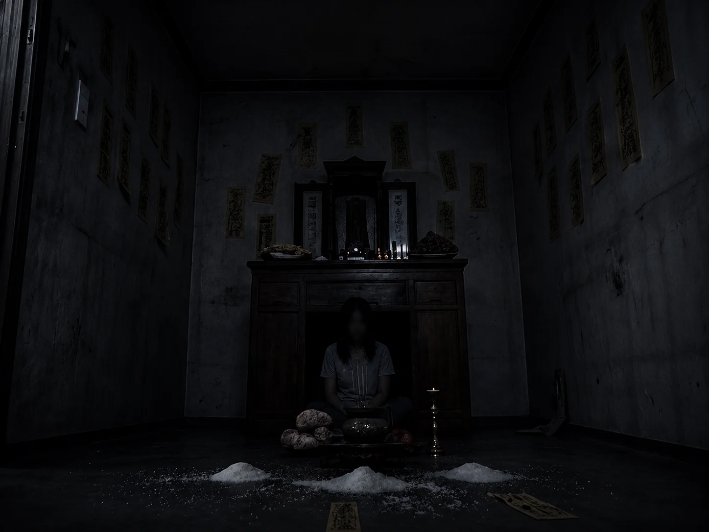 A traditional Taoist altar with incense and talismans