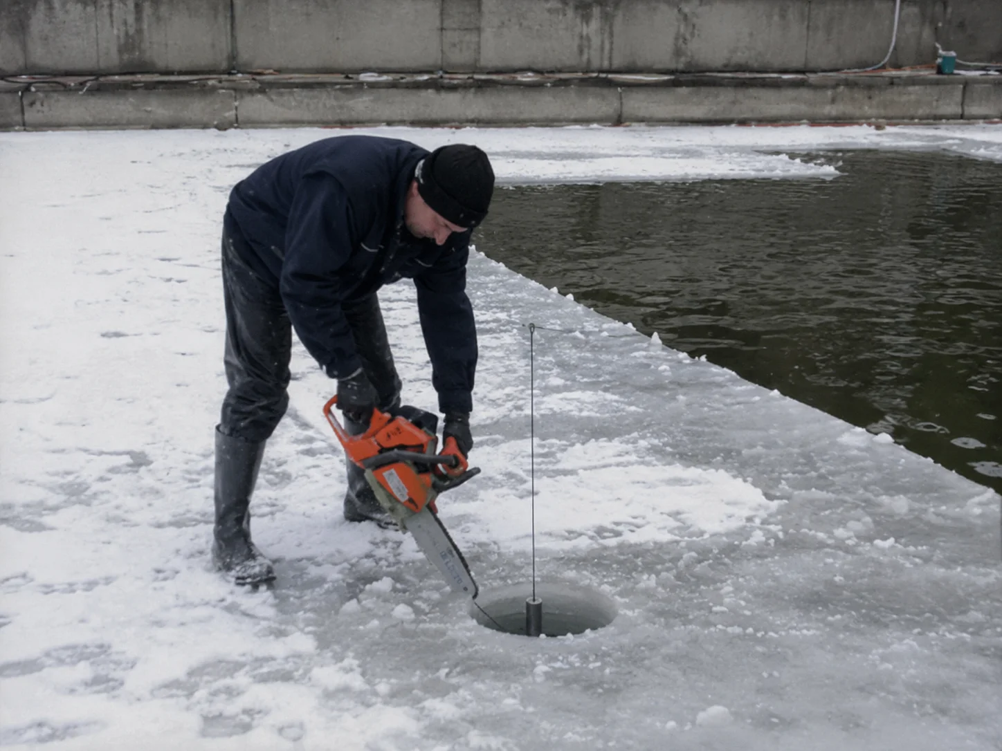 A frozen lake in Alaska with ice fishing equipment