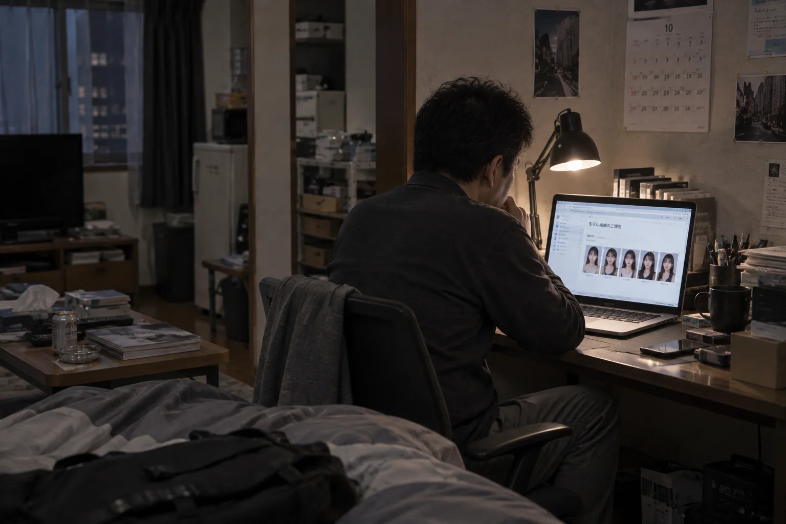 A man browsing model profiles on a laptop