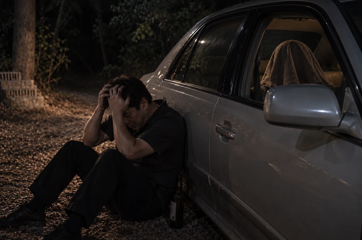 A car parked on a dark mountain road