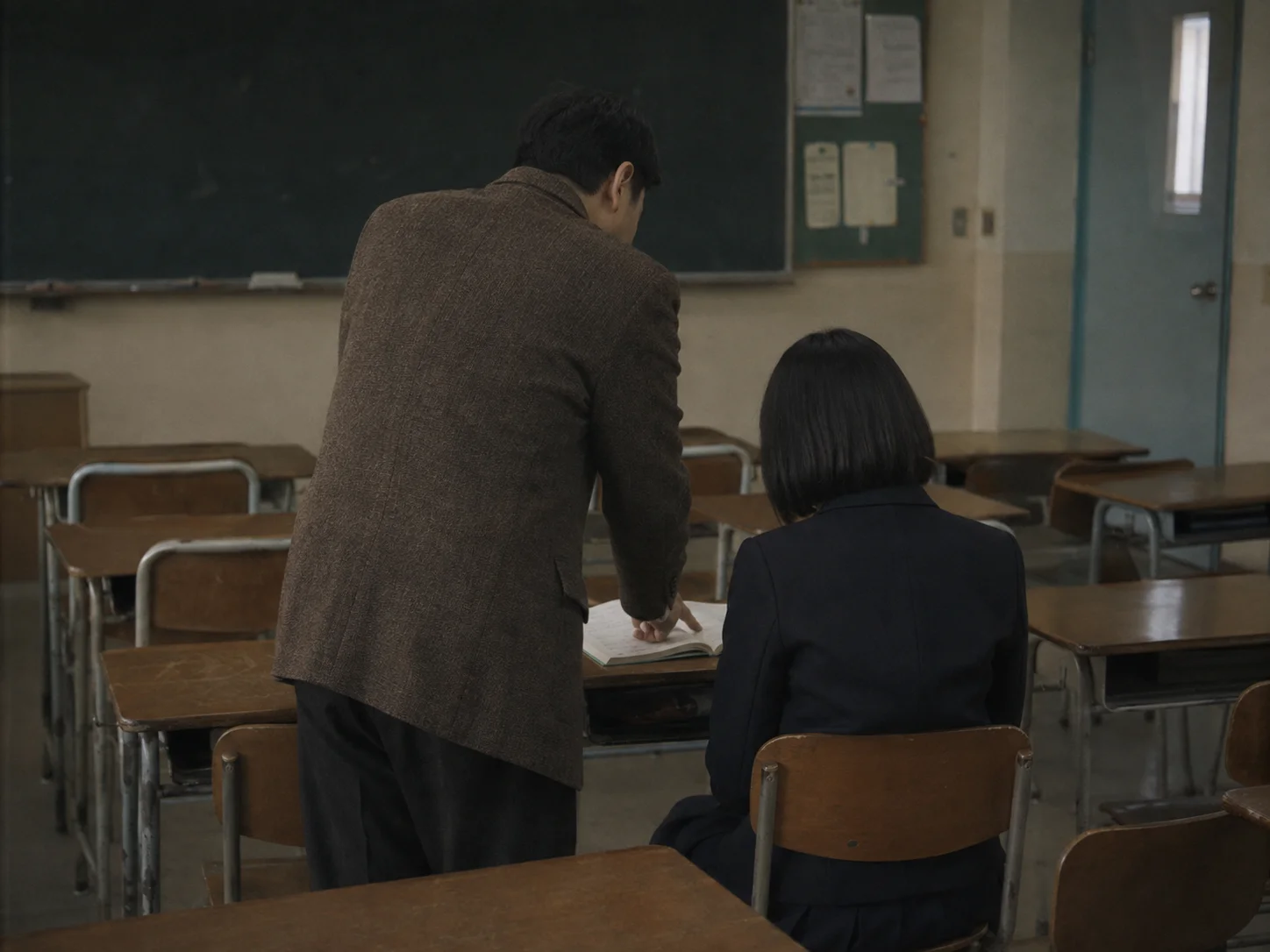 A teacher tutoring a student alone in an empty classroom