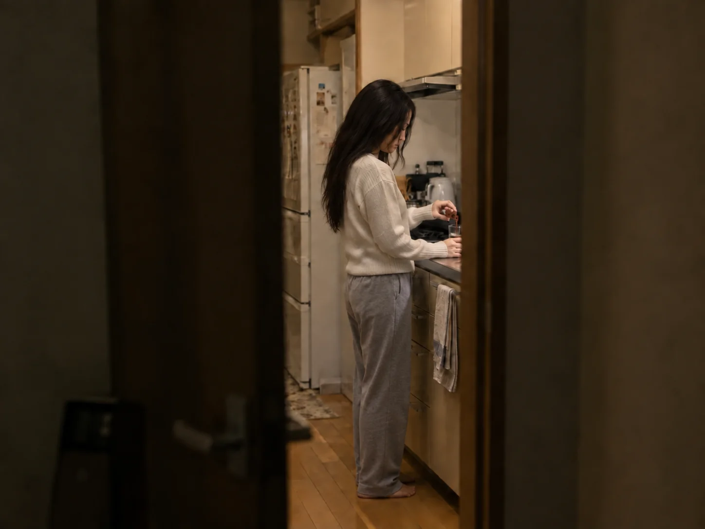 A woman pouring hot sauce into a drink in a dark kitchen