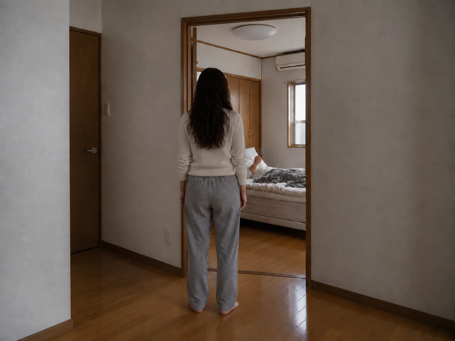 A woman standing in a doorway looking toward a man lying in bed