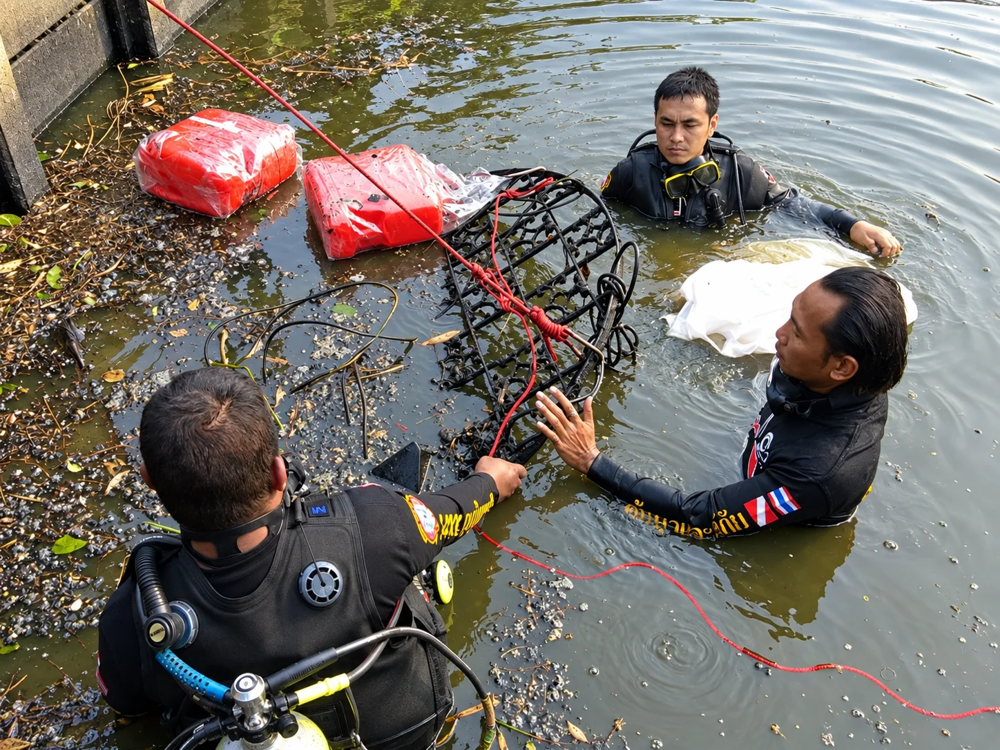Divers pulling a sunken iron cage structure out of a pond