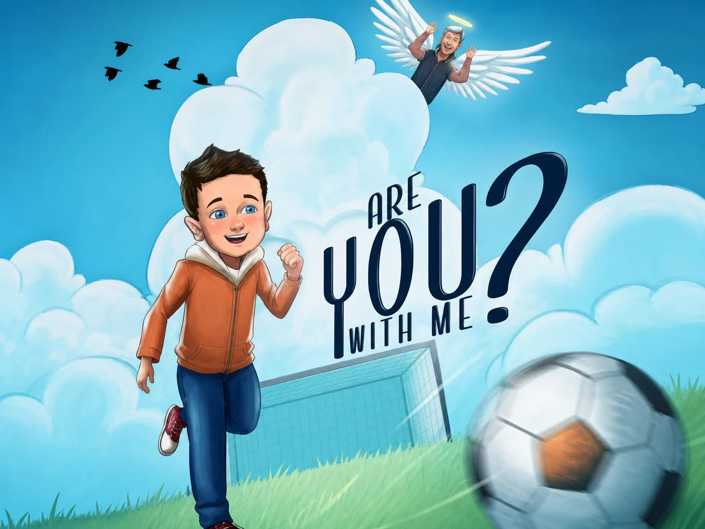 The cover of the children's book Are You With Me?, showing a boy playing soccer while a winged father figure waves from the clouds