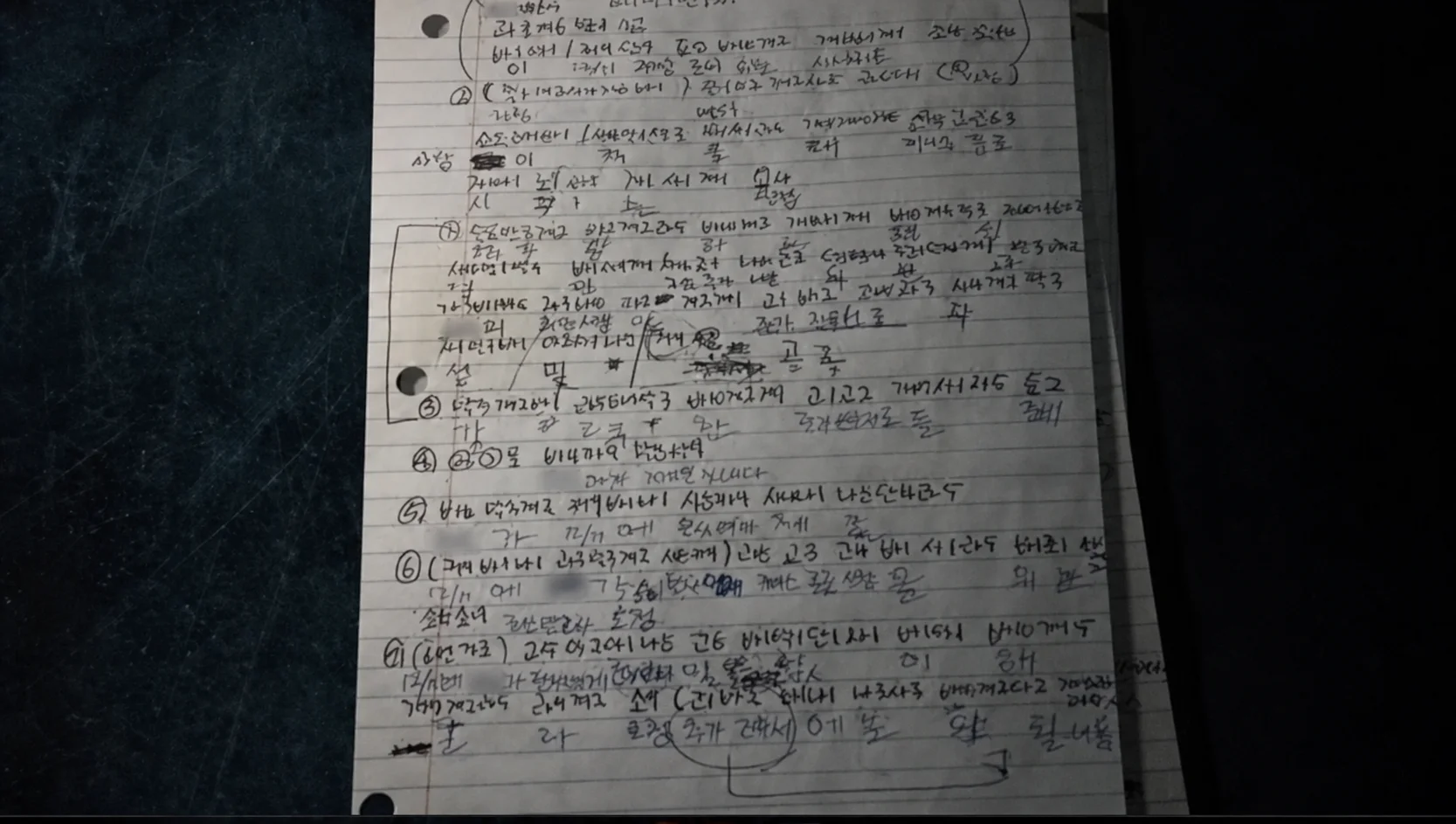 A page of a handwritten letter in Korean with numbered lines and words written between them
