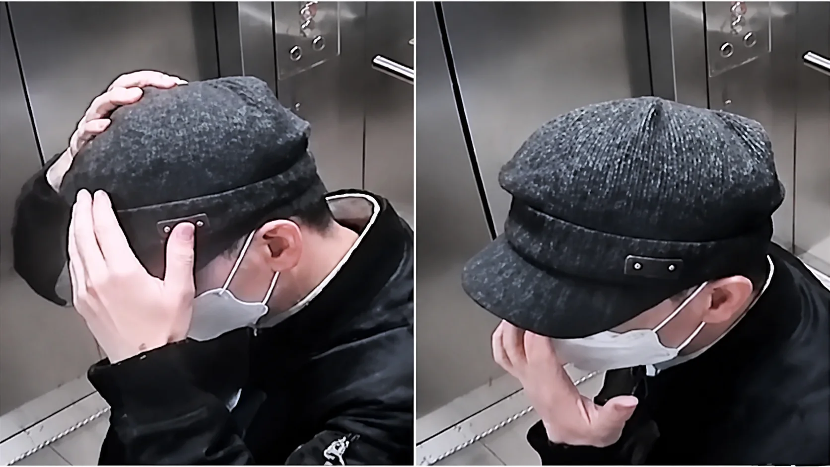 Two elevator camera frames of a man in a newsboy cap and face mask, seen from above