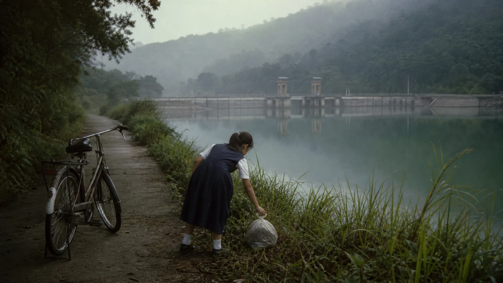 A girl in a school uniform setting a plastic bag down in the grass beside a lake, her bicycle parked on the path