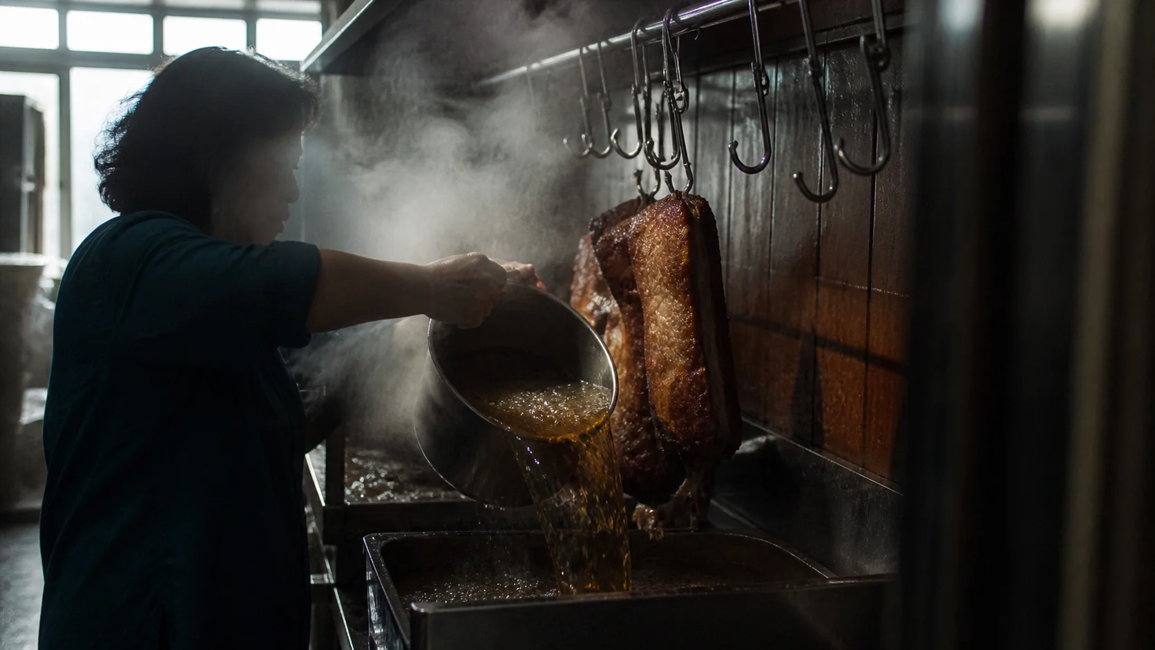 A woman pouring hot oil from a pot over roast meat hanging on hooks in a restaurant kitchen