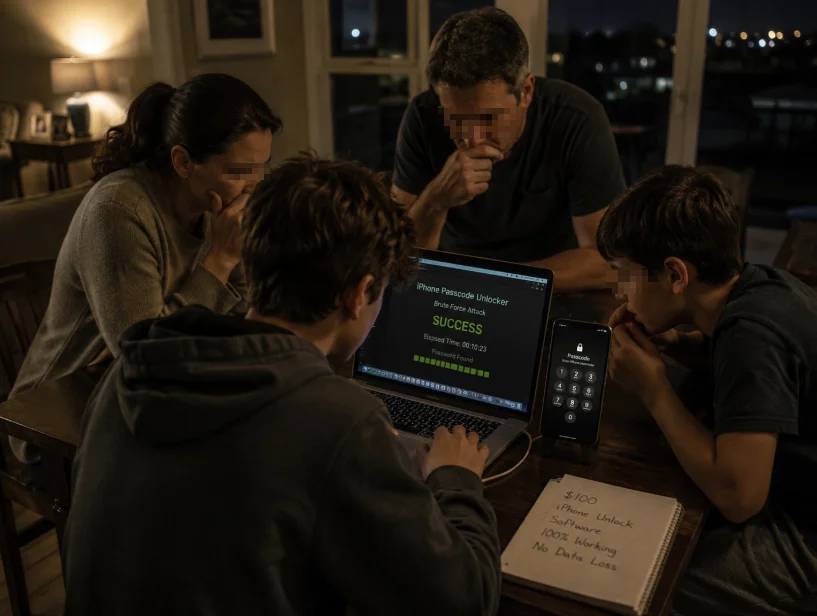 A family gathered around a laptop showing a phone passcode unlocking program, with a locked phone beside it
