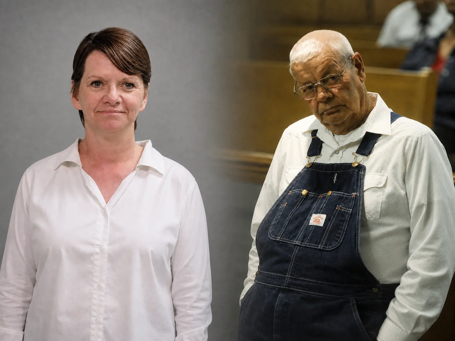 A composite image of a middle-aged woman in a white shirt and an older man in denim overalls standing in a courtroom