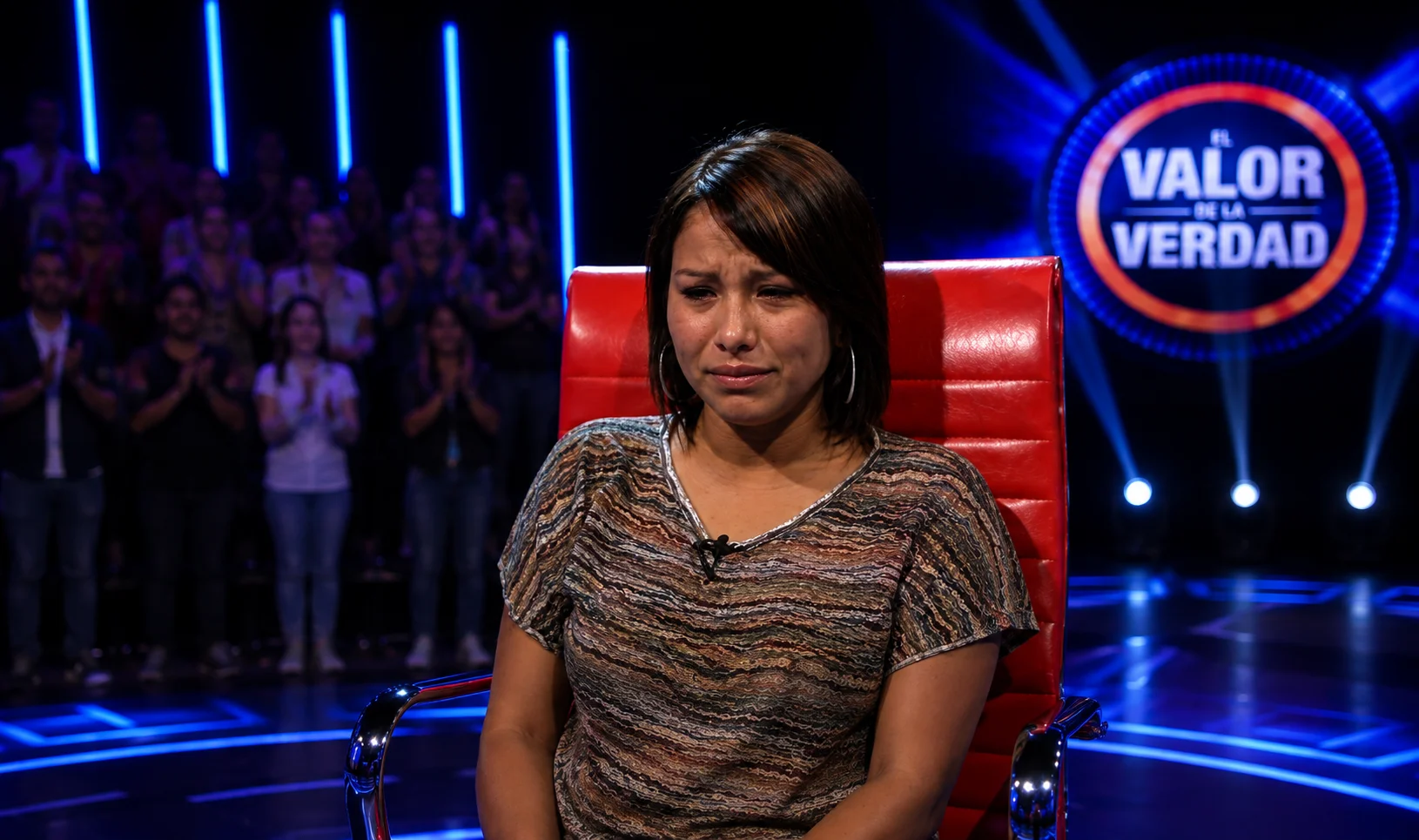 A tearful young woman in a red chair on a television set, with the El Valor de la Verdad logo and an applauding audience behind her