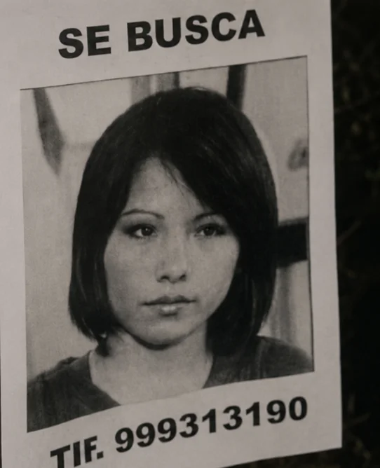 A missing-person poster headed Se Busca with a black-and-white photo of a young woman