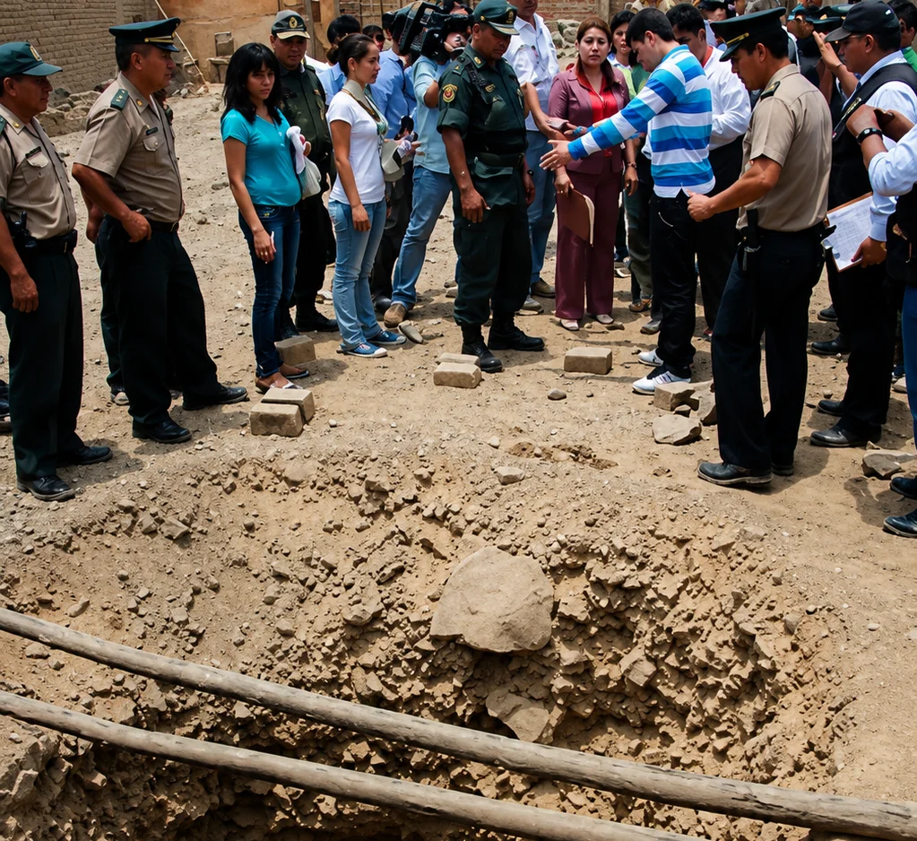 Police officers, a camera crew and onlookers gathered at the edge of an open pit on a dusty vacant lot