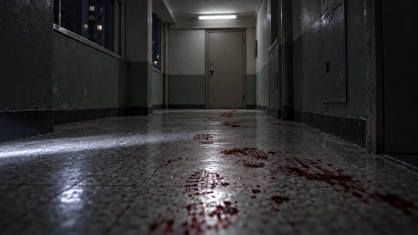 Bloody footprints leading down a dim apartment hallway toward a door
