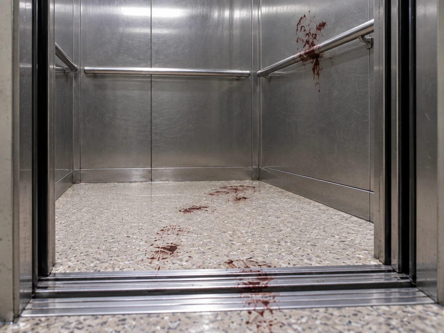 An open elevator with bloody footprints on the floor and a bloody handprint on the wall