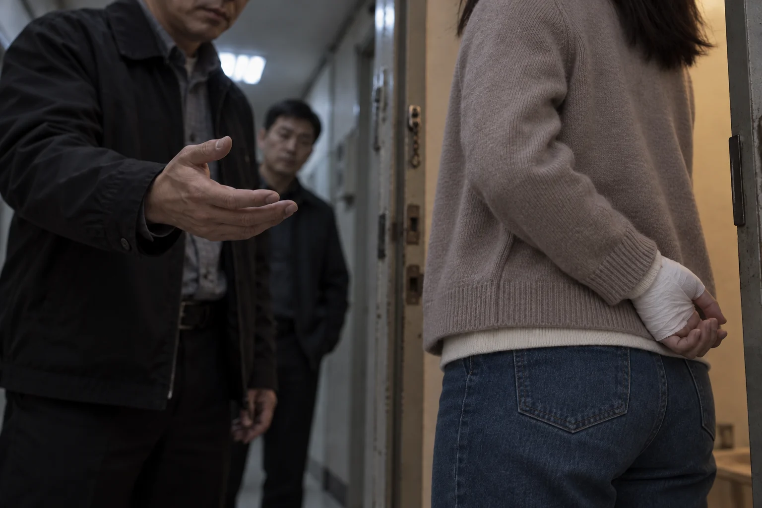 Two men at an apartment door facing a woman who holds her bandaged hand behind her back