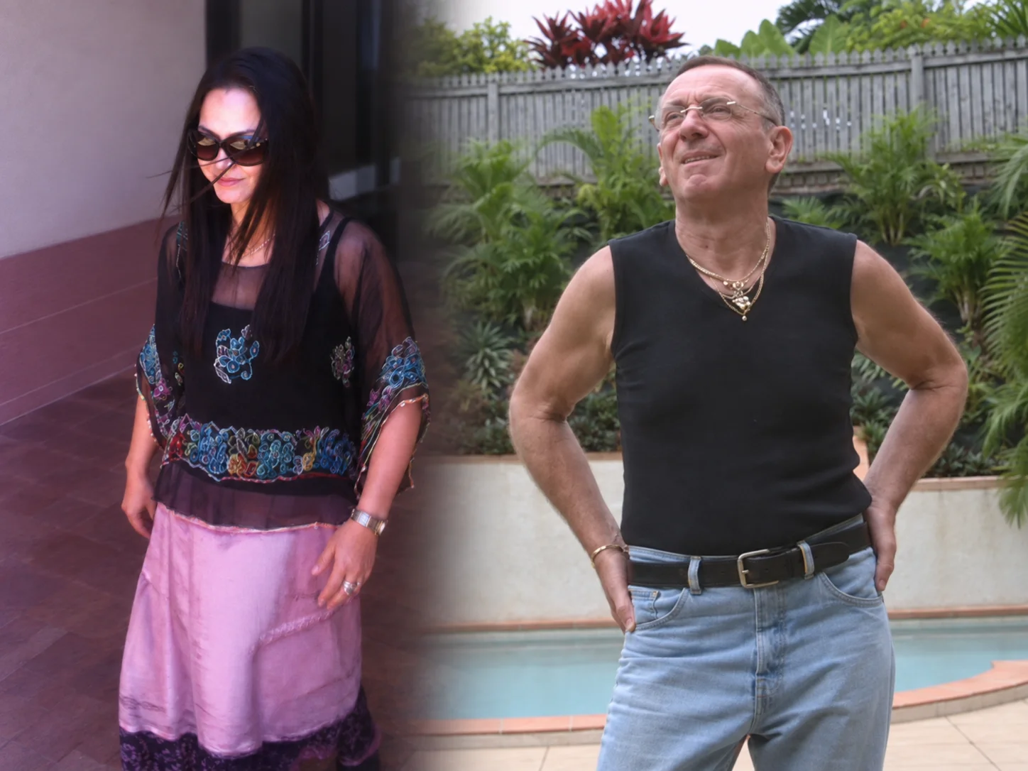 A woman with long dark hair and sunglasses on the left, and an older man in a black sleeveless shirt standing beside a backyard pool on the right