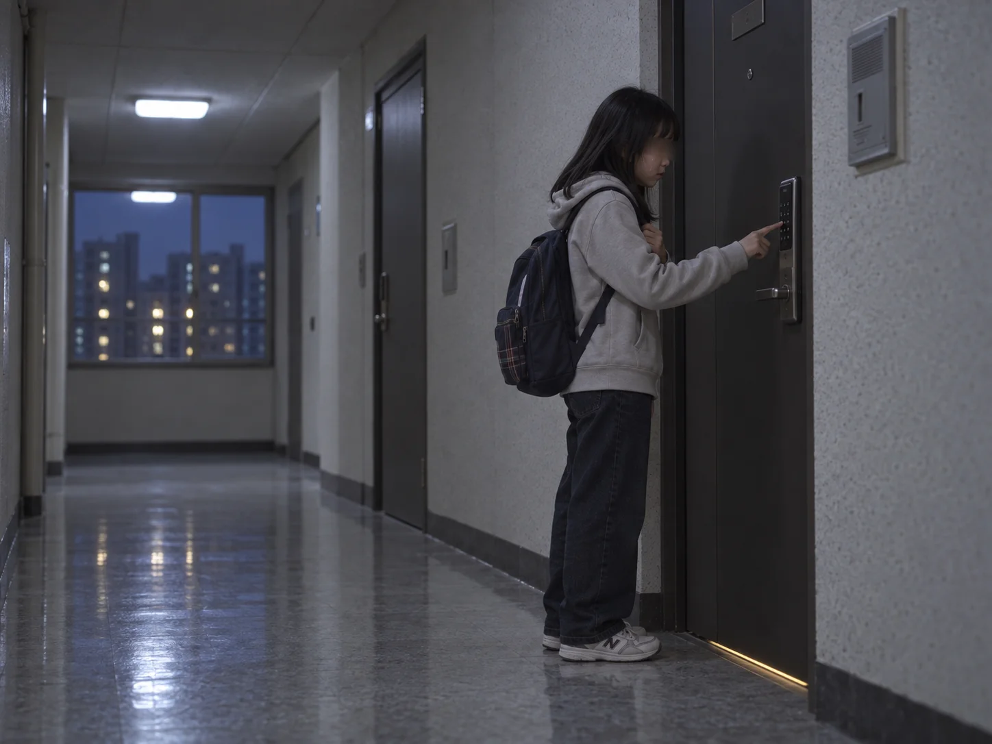 A young girl with a backpack pressing the keypad of an apartment door in an empty hallway