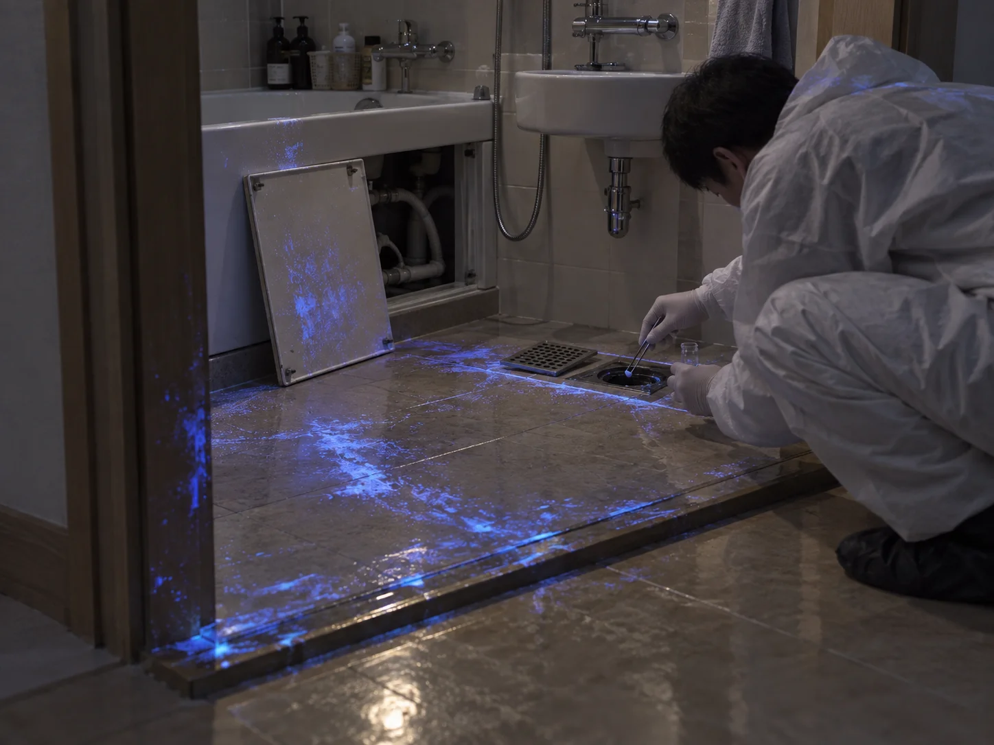 A forensic officer in a white suit collecting a sample from a bathroom floor drain, with luminol glowing blue across the floor and bathtub panel