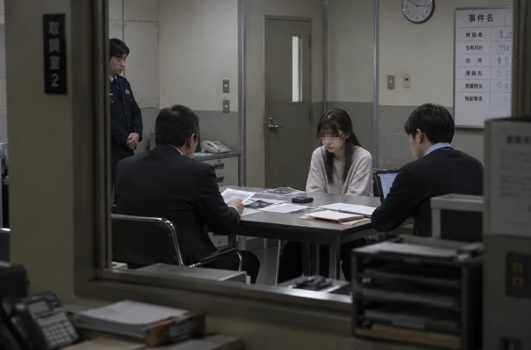 A young woman seated with her head lowered at a table in a police interview room, facing two investigators with documents spread between them