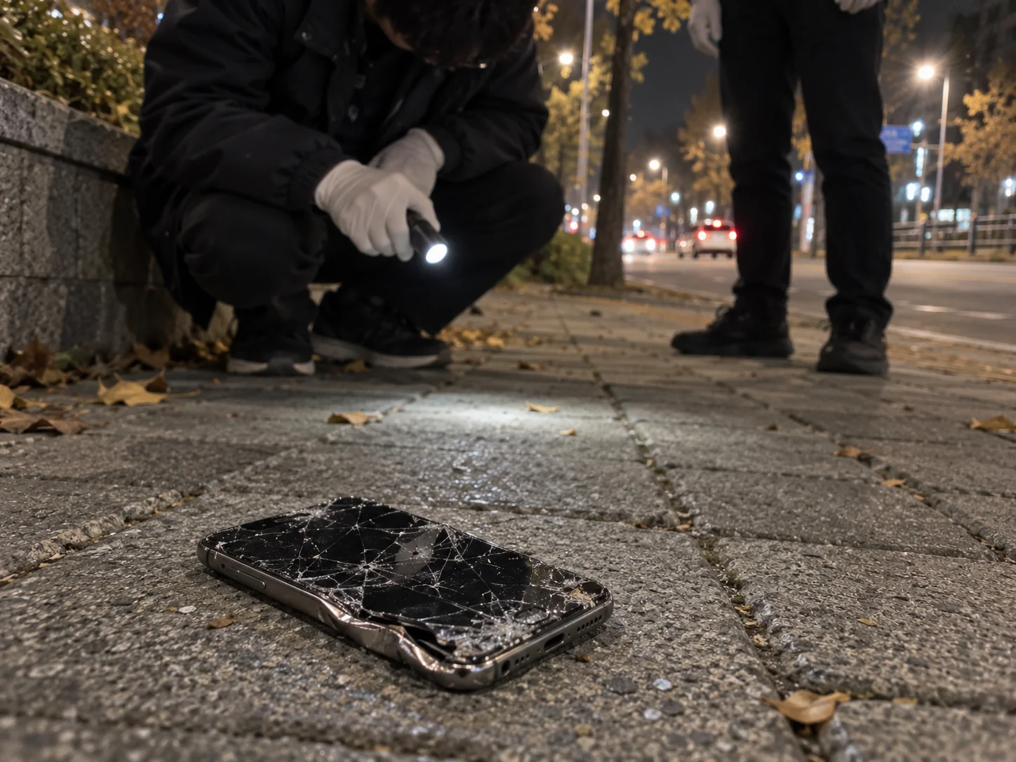 A smartphone with a shattered screen lying on a sidewalk at night while a gloved investigator crouches over it with a flashlight