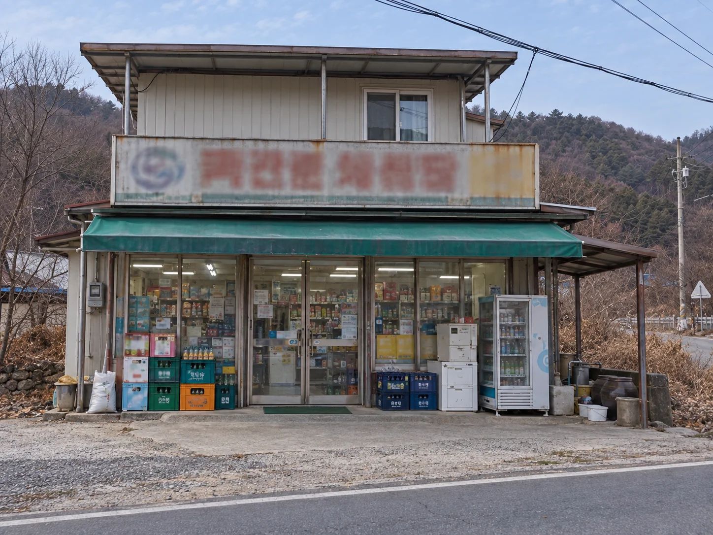 A small two-story rural supermarket with a green awning beside a road, with wooded hills behind it