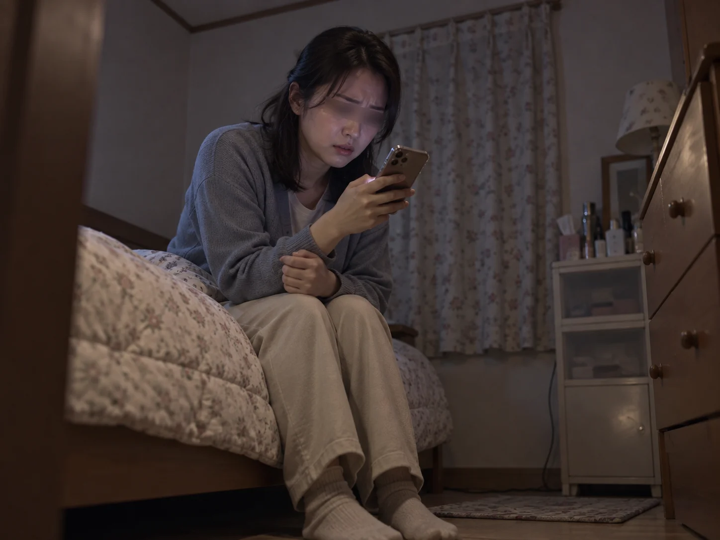 A distressed woman sitting on the edge of a bed in a dim bedroom, reading her phone