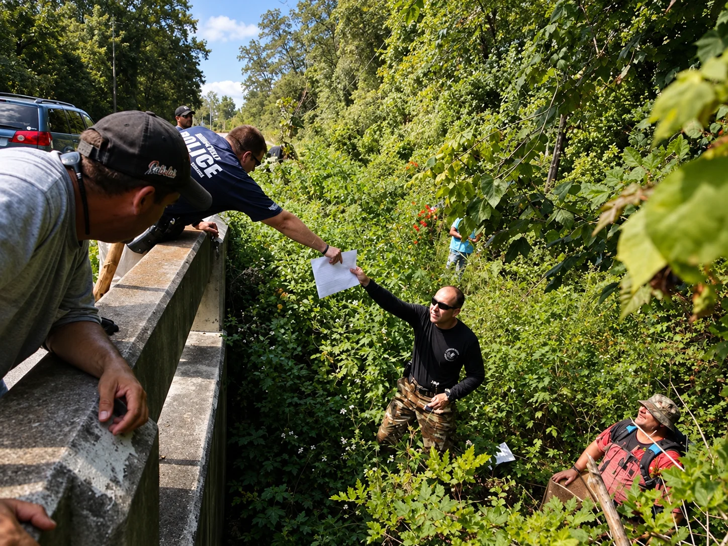 Police officers and volunteers searching dense roadside undergrowth below a concrete barrier, passing a sheet of paper between them