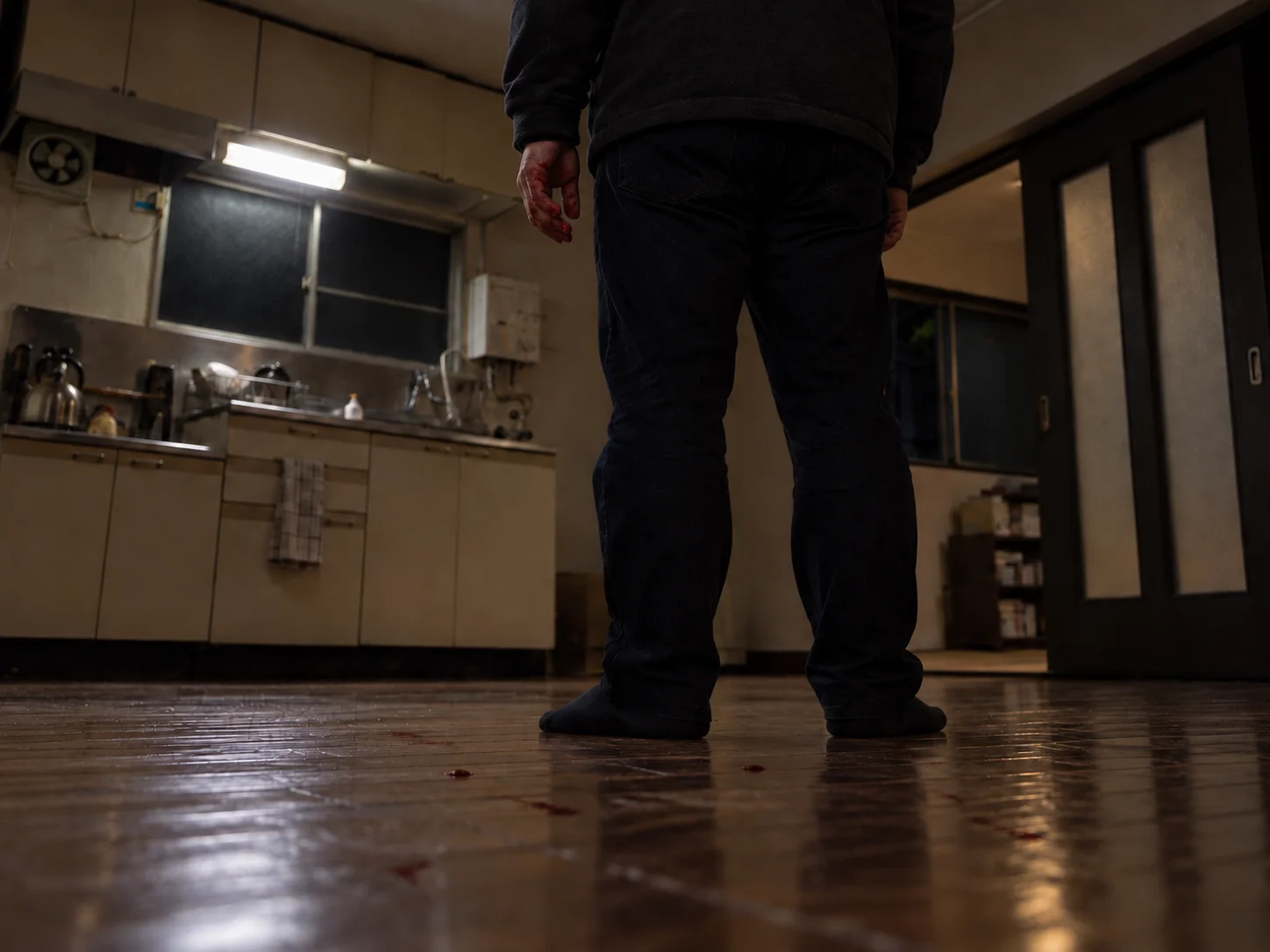 A man seen from behind standing in a dim apartment kitchen with blood on his hand and drops of blood on the wooden floor