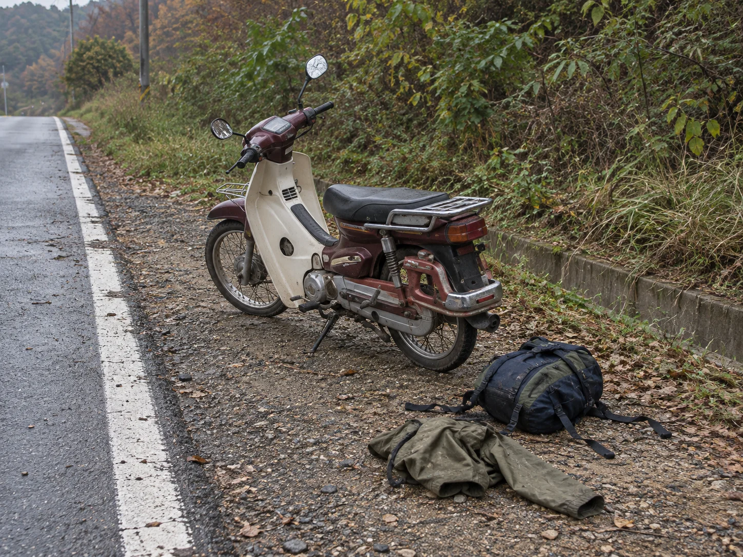 A small maroon and white motorbike parked on a rural roadside, with a jacket and a hiking bag on the ground beside it