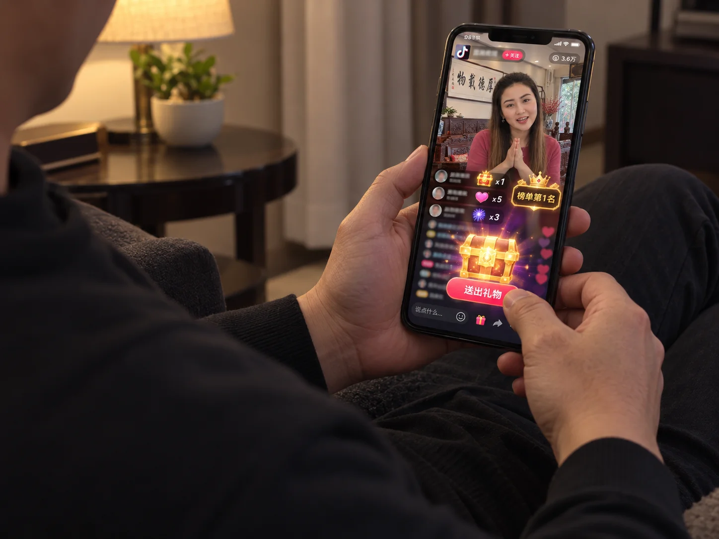 A man holding a phone showing a woman's livestream in a furniture showroom, with gift animations and a top-donor badge on screen