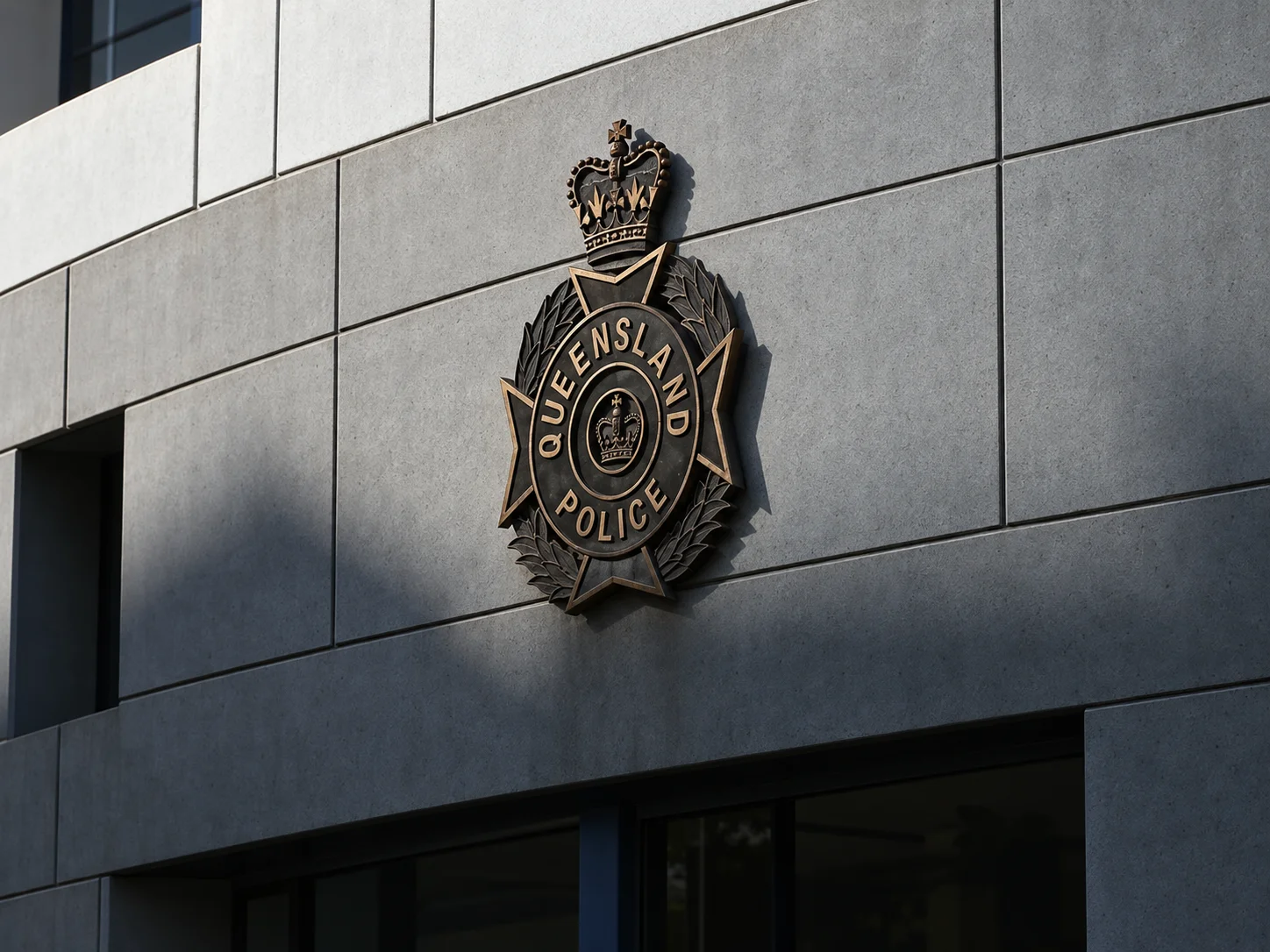 The Queensland Police crest on the stone facade of a police building