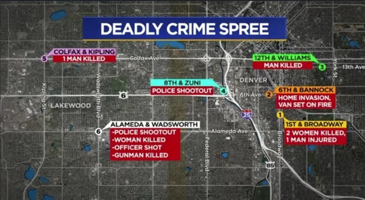 Timeline of the shooting spree across multiple Denver locations